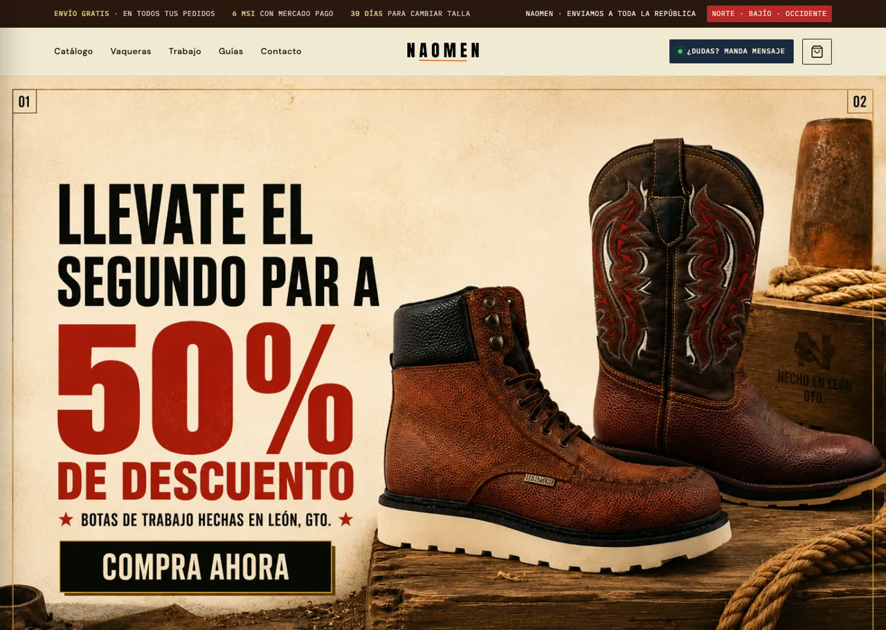 NAOMEN, tienda Shopify de botas de trabajo diseñada por AXIOMA