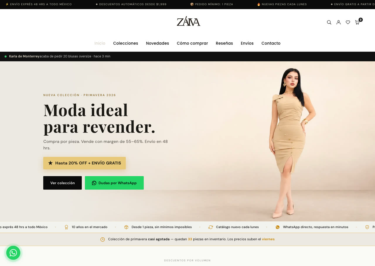 ZAIVA, tienda Shopify de moda por mayoreo diseñada por AXIOMA