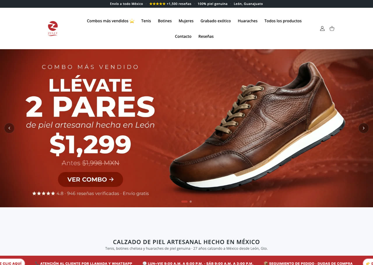 Calzado Zully, tienda Shopify de calzado de piel diseñada por AXIOMA